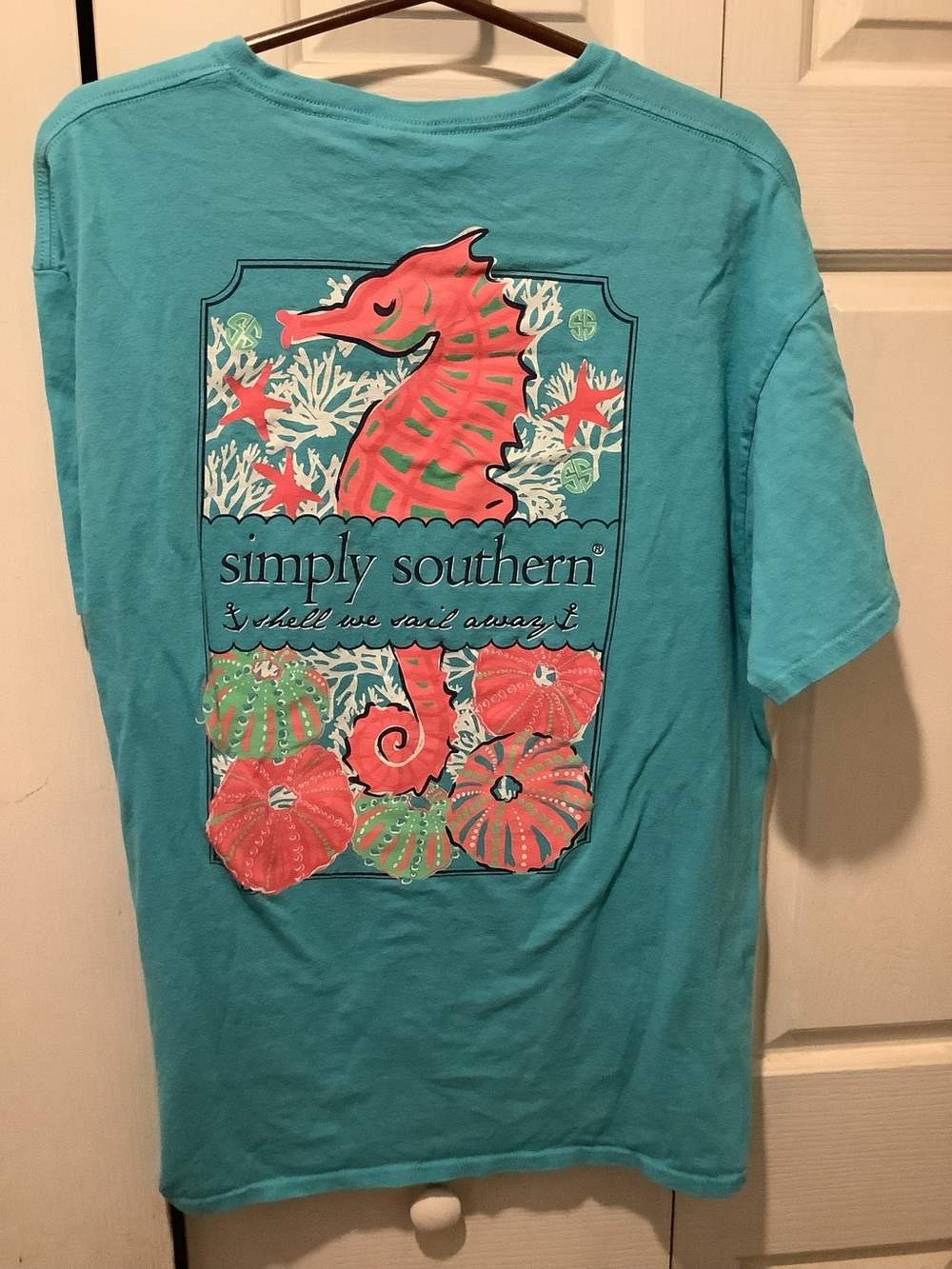 Simply Southern Teal Short-Sleeve Seahorse Graphic Tee with Coral Accents